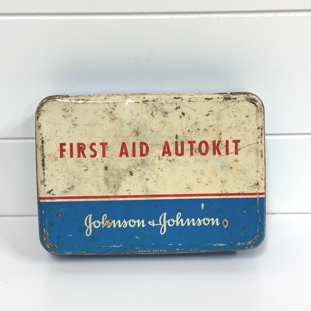 Vintage Johnson & Johnson First Aid Autokit Metal Tin Blue Cream Medical Box